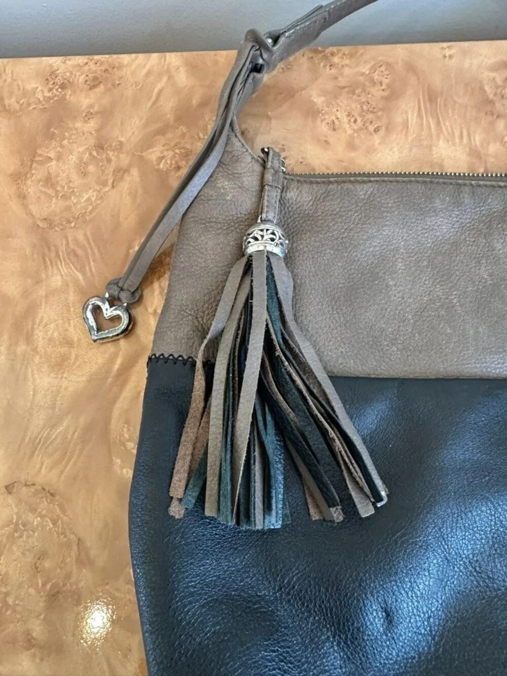 Brighton Barbados Leather Hobo Bag Colorblock Black Taupe Tassel Shoulder